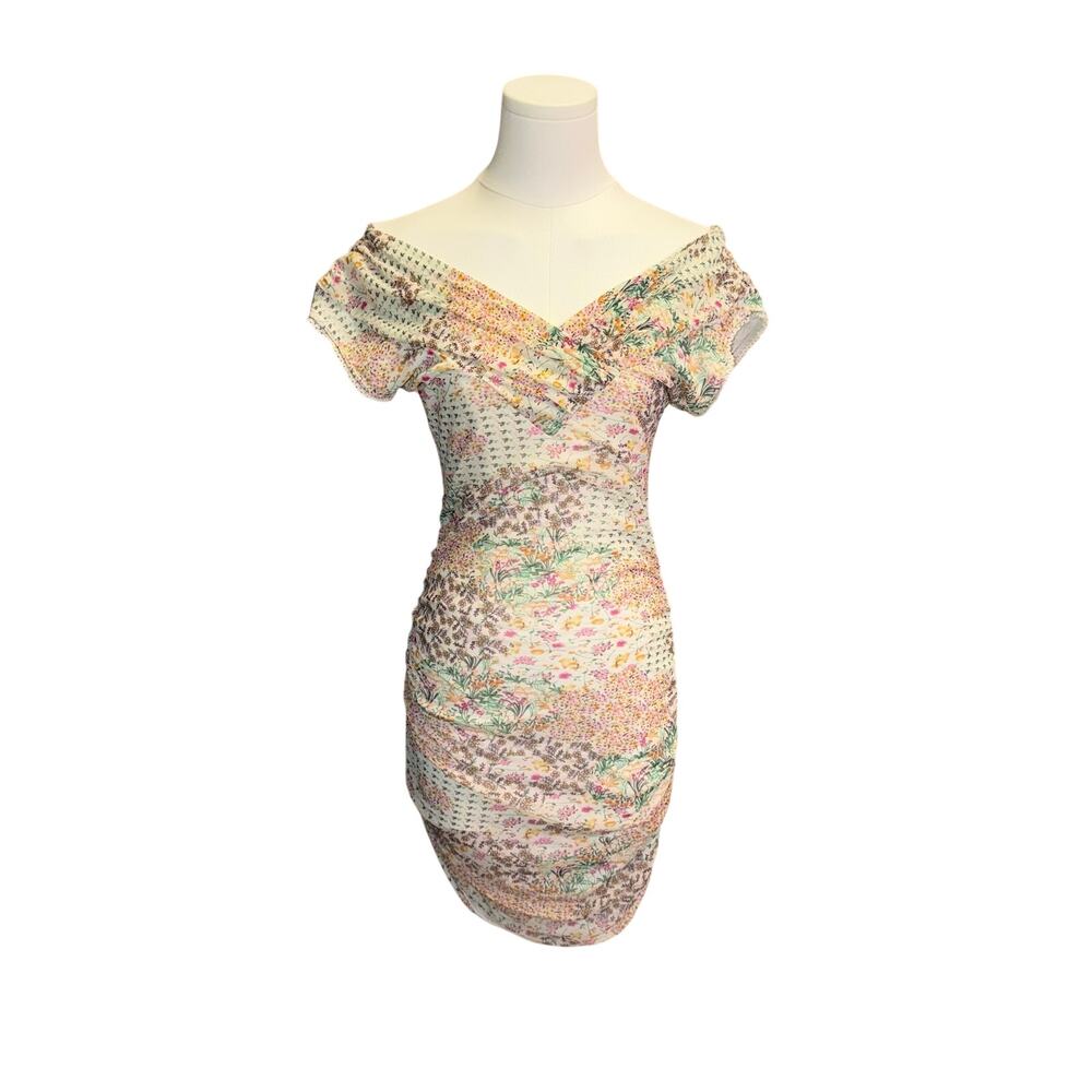 Perla Nera Vintage Euro Y2K Floral Mesh Ruched Bodycon Dress Off Shoulder Medium